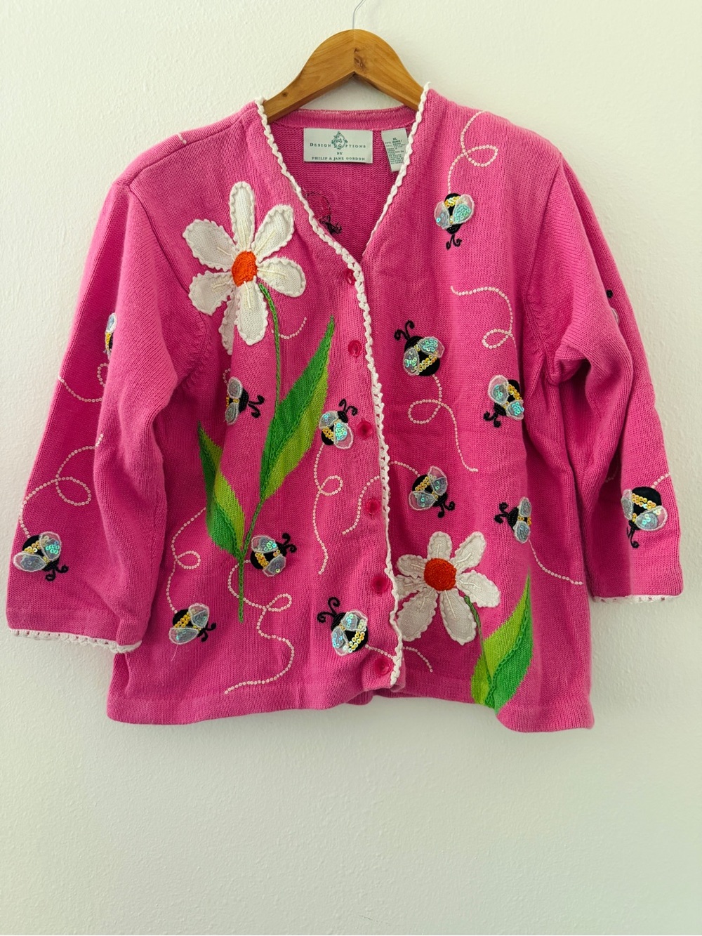 Vintage Design Options Pink Cardigan Flower Bumble Bee Sequin Sweater